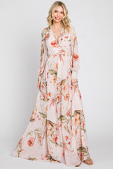 Light Pink Floral Chiffon Long Sleeve Maxi Dress