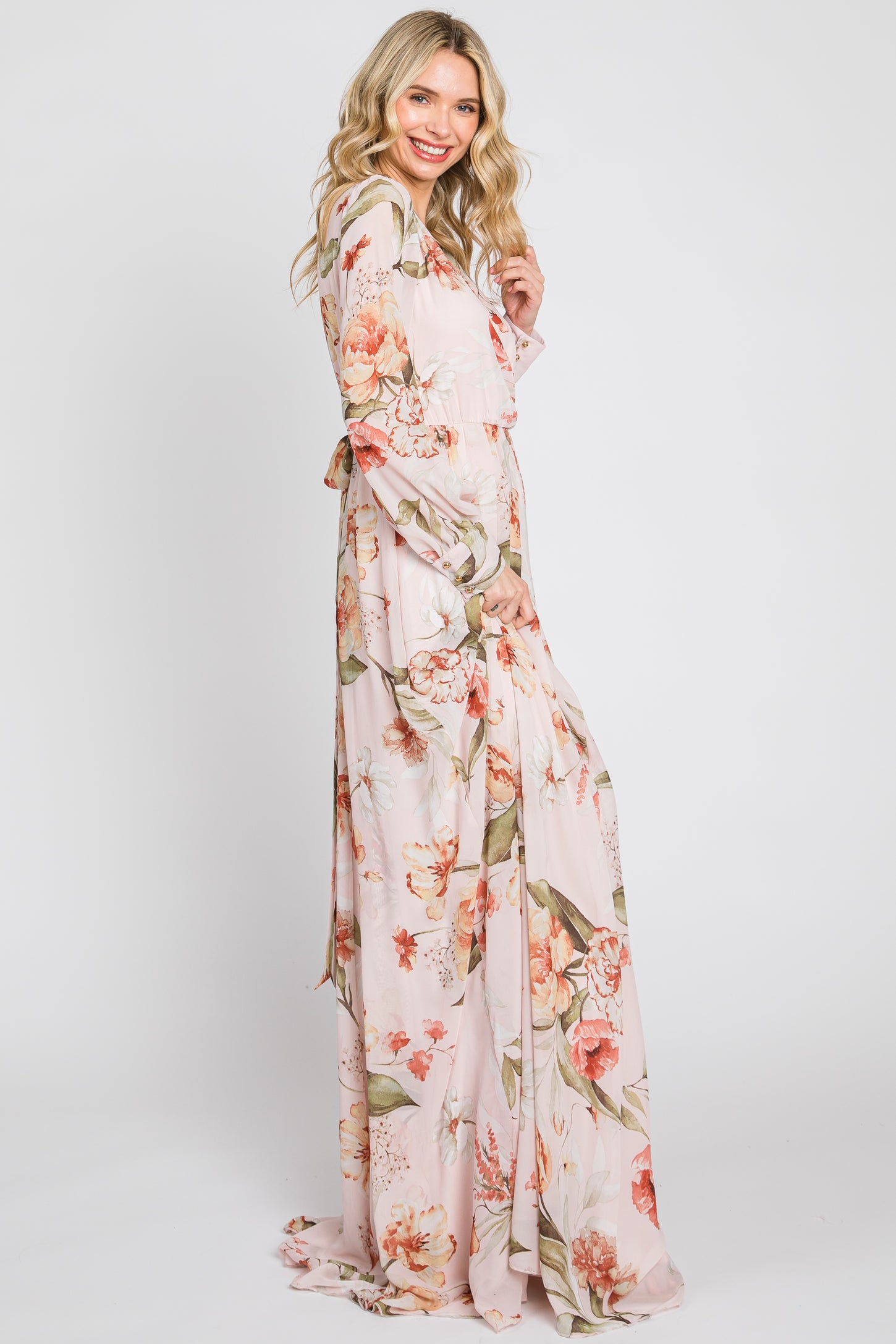 Light Pink Floral Chiffon Long Sleeve Maxi Dress – PinkBlush