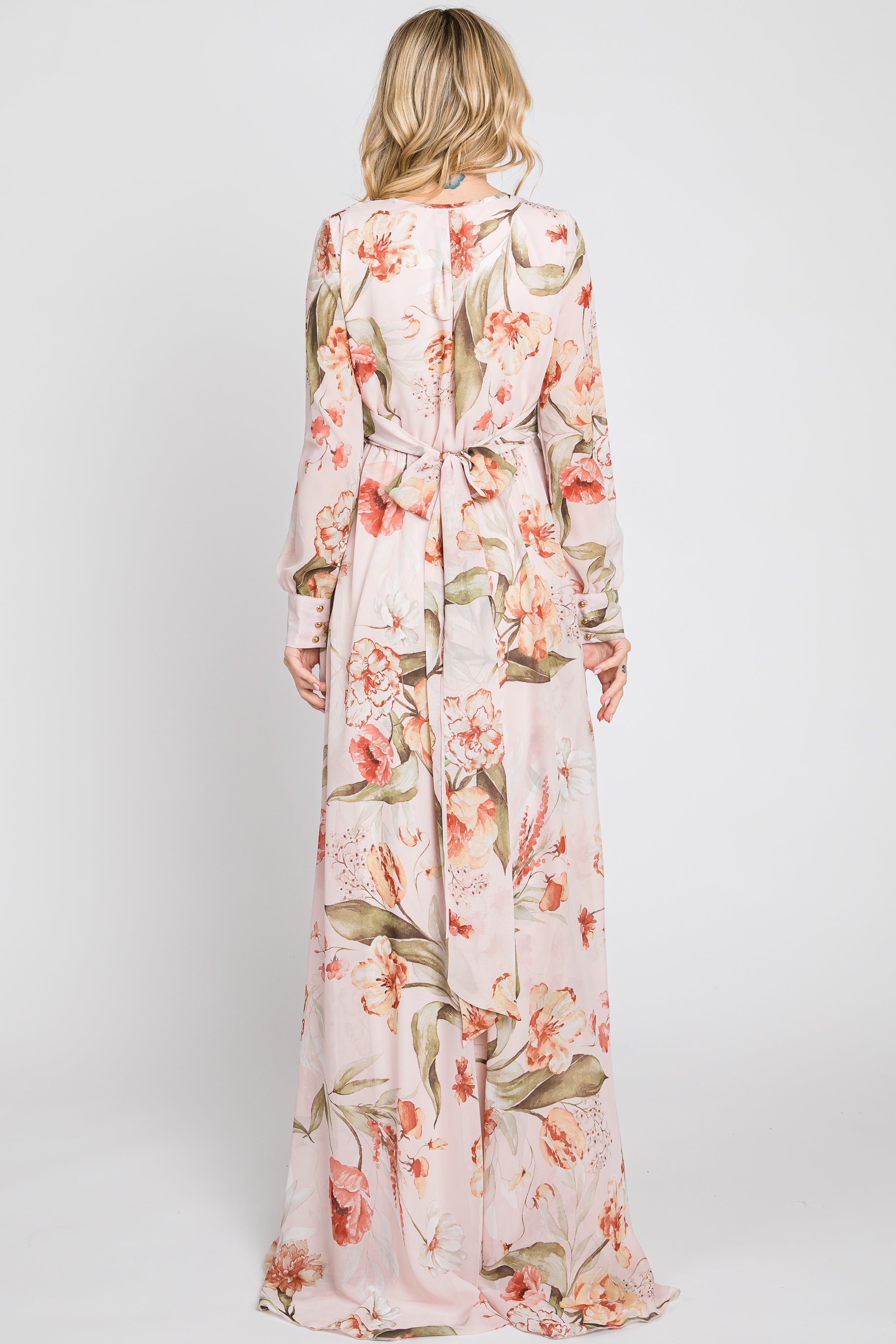 Light Pink Floral Chiffon Long Sleeve Maxi Dress Small