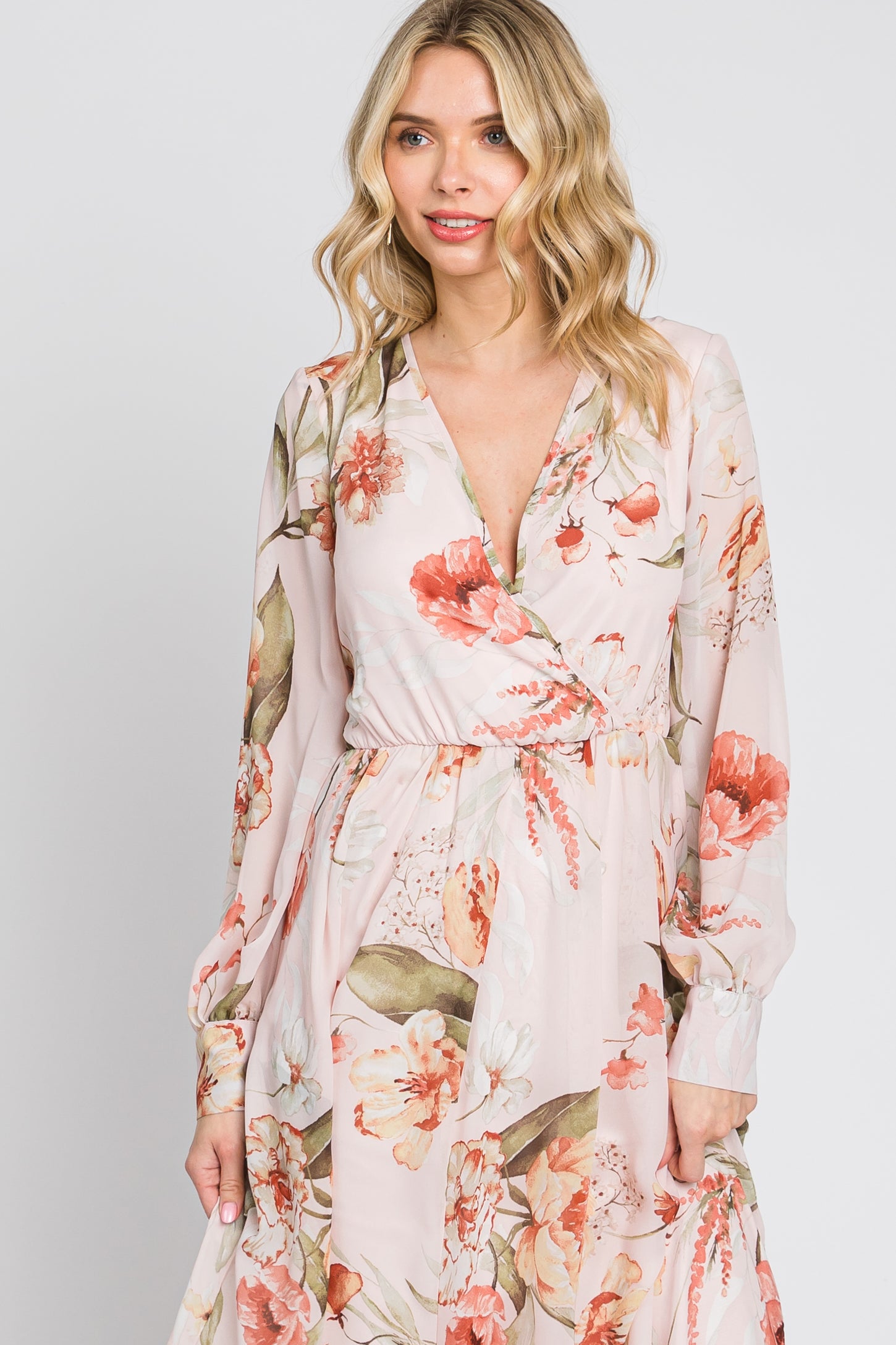 Light Pink Floral Chiffon Long Sleeve Maxi Dress PinkBlush Light Pink Floral Chiffon Long Sleeve Maxi Dress PinkBlush