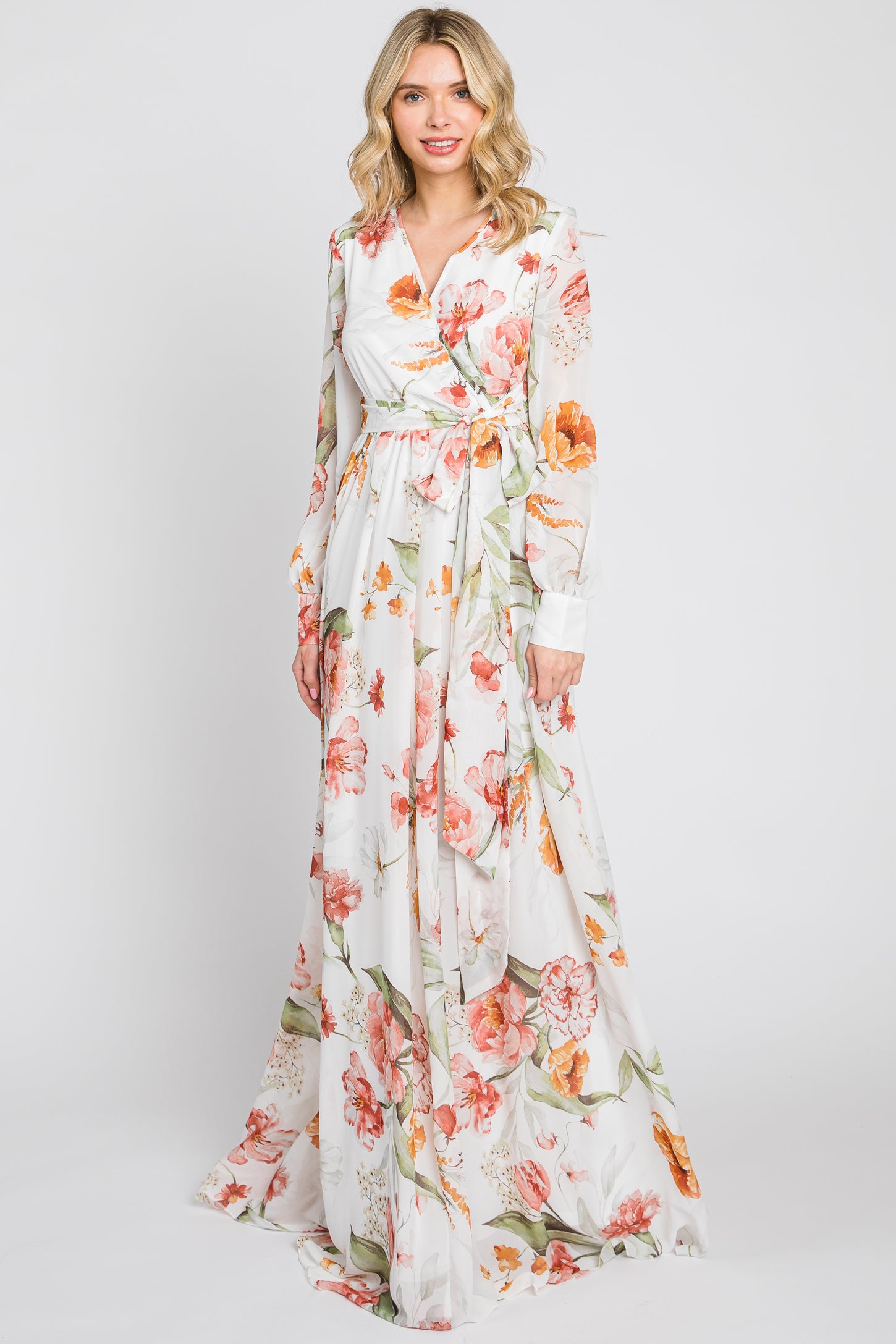 Ivory Floral Chiffon Long Sleeve Maternity Maxi Dress – PinkBlush
