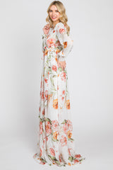 Ivory Floral Chiffon Long Sleeve Maxi Dress
