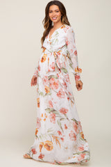 Ivory Floral Chiffon Long Sleeve Maternity Maxi Dress