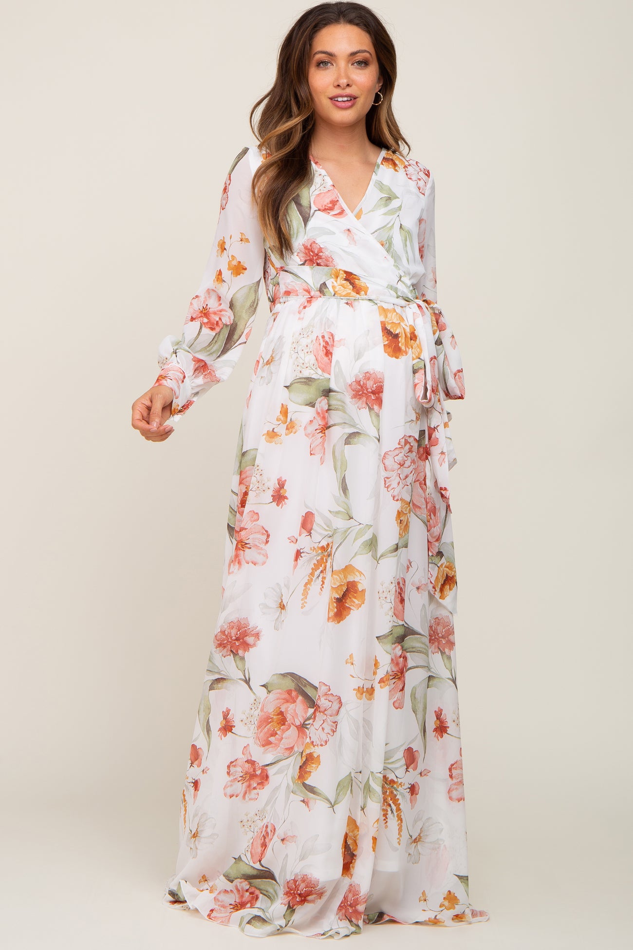 Ivory Floral Chiffon Long Sleeve Maternity Maxi Dress – PinkBlush