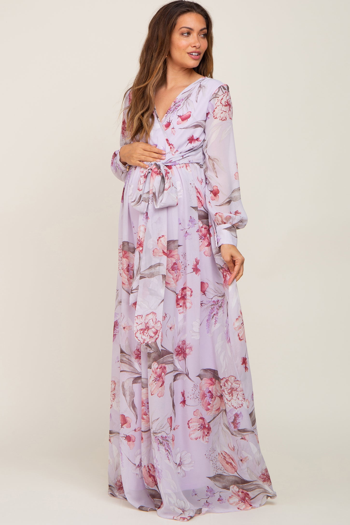 Lavender Floral Chiffon Long Sleeve Maternity Maxi Dress– PinkBlush