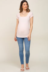 Light Pink Ribbed Squared Neck Cap Sleeve Maternity Top