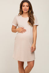 Beige French Terry Cuffed Short Sleeve Maternity Dress