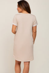 Beige French Terry Cuffed Short Sleeve Maternity Dress