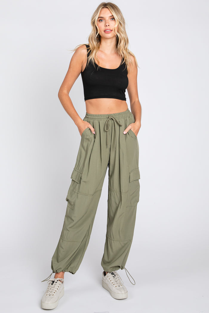 Olive Drawstring Waist Cargo Pants