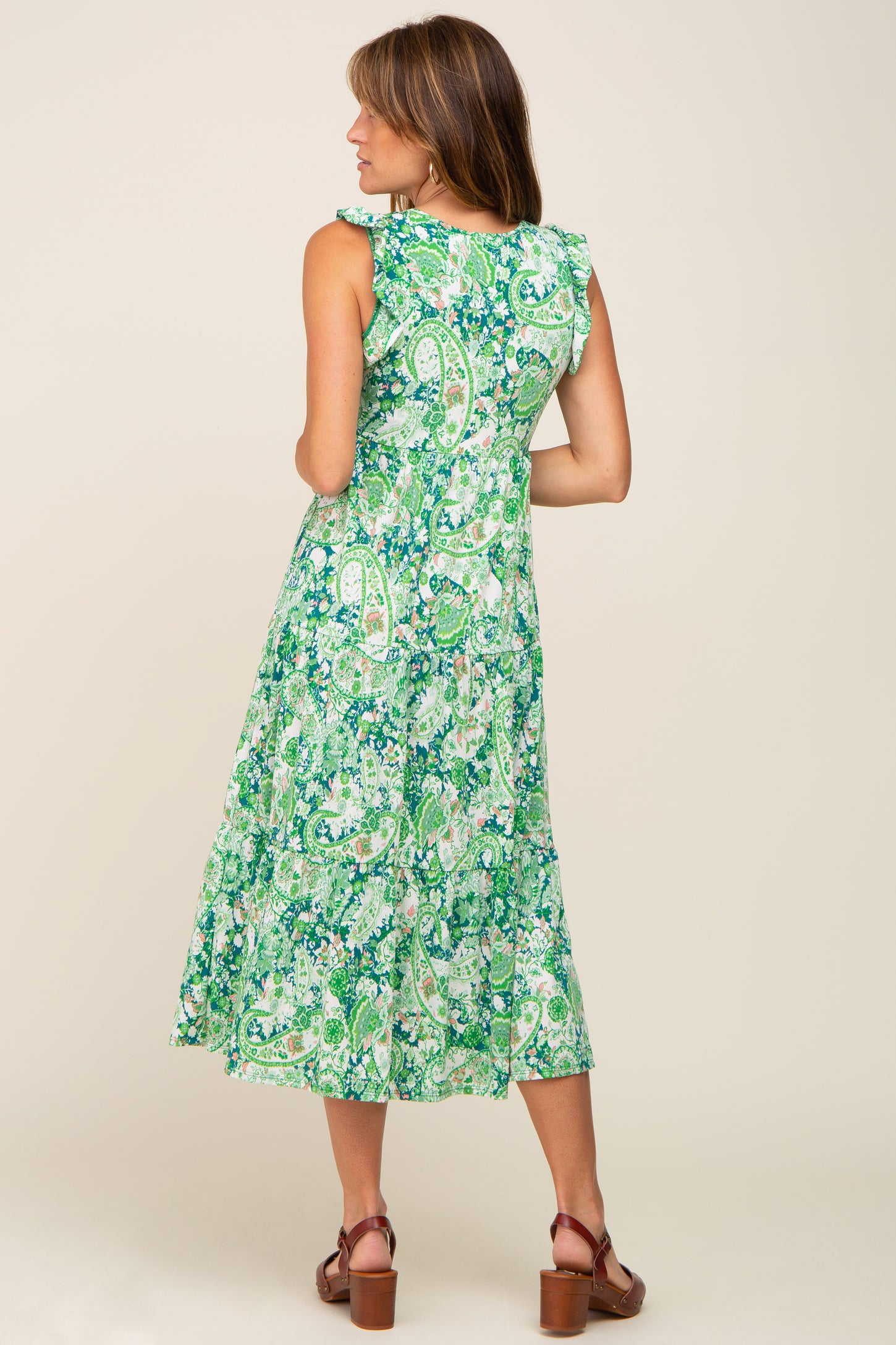 Green Floral Paisley Tiered Midi Dress