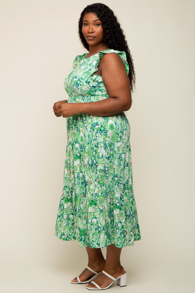 Green Floral Paisley Tiered Plus Midi Dress