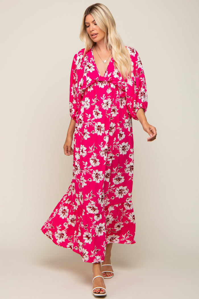 Fuchsia Floral V-Neck Dolman 3/4 Sleeve Maternity Midi Dress