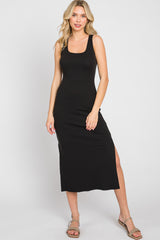Black Ribbed Side Slit Midi Dress