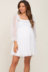 White Polka Dot Mesh 3/4 Sleeve Maternity Dress