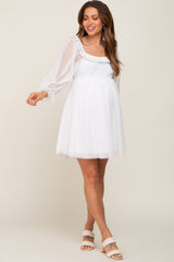 White Polka Dot Mesh 3/4 Sleeve Maternity Dress