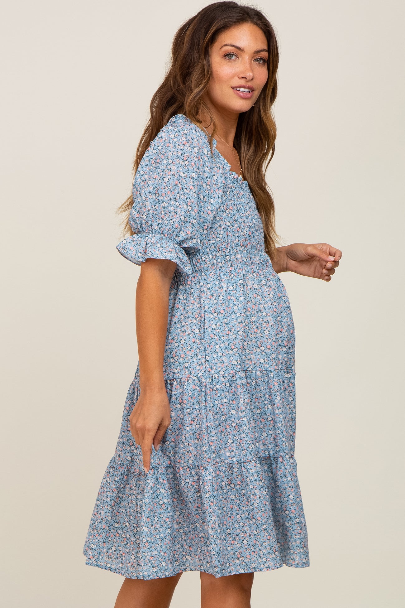 Blue Floral Smocked Tiered Maternity Dress– PinkBlush