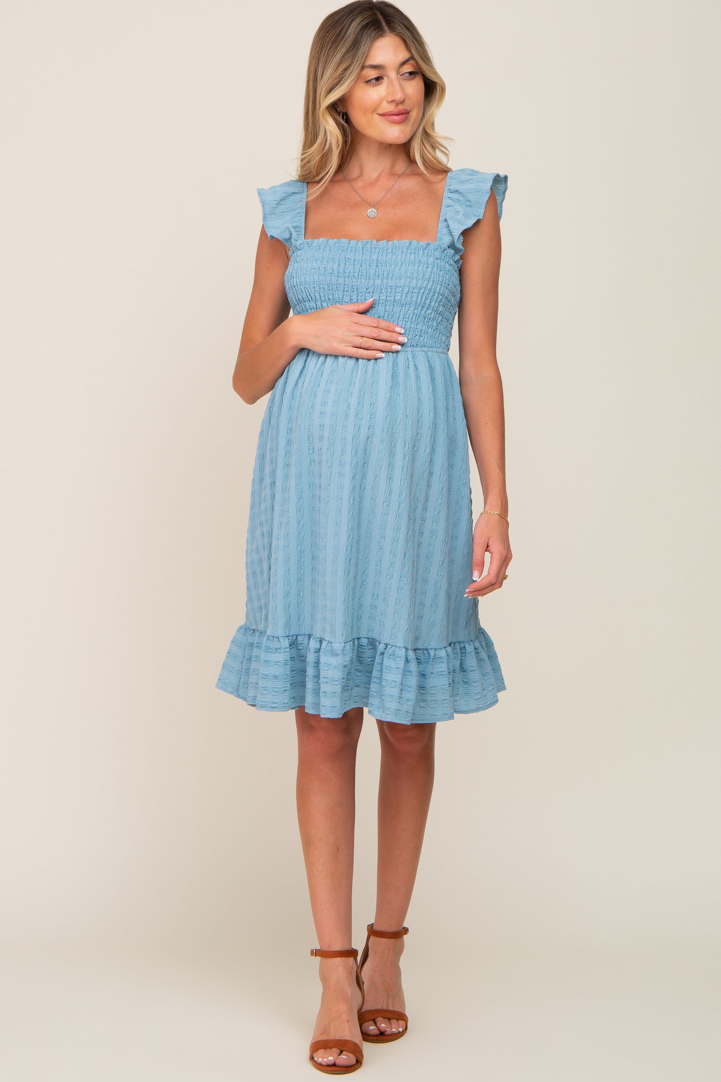 Light Blue Textured Sleeveless Smocked Maternity Dress – PinkBlush