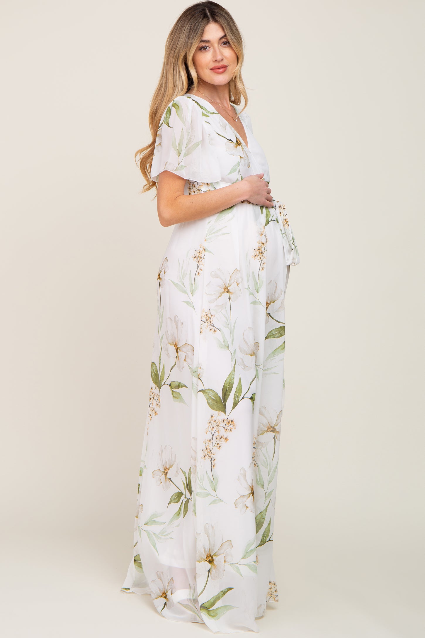 White Floral Chiffon Wrap Front Short Sleeve Maternity Maxi Dress ...