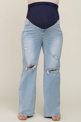 Light Blue Distressed Open Knee Wide Leg Maternity Plus Jeans