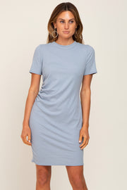 Slate Blue Ribbed Ruched Side Fitted Dress