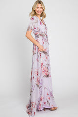 Lavender Floral Chiffon Wrap Front Short Sleeve Maxi Dress