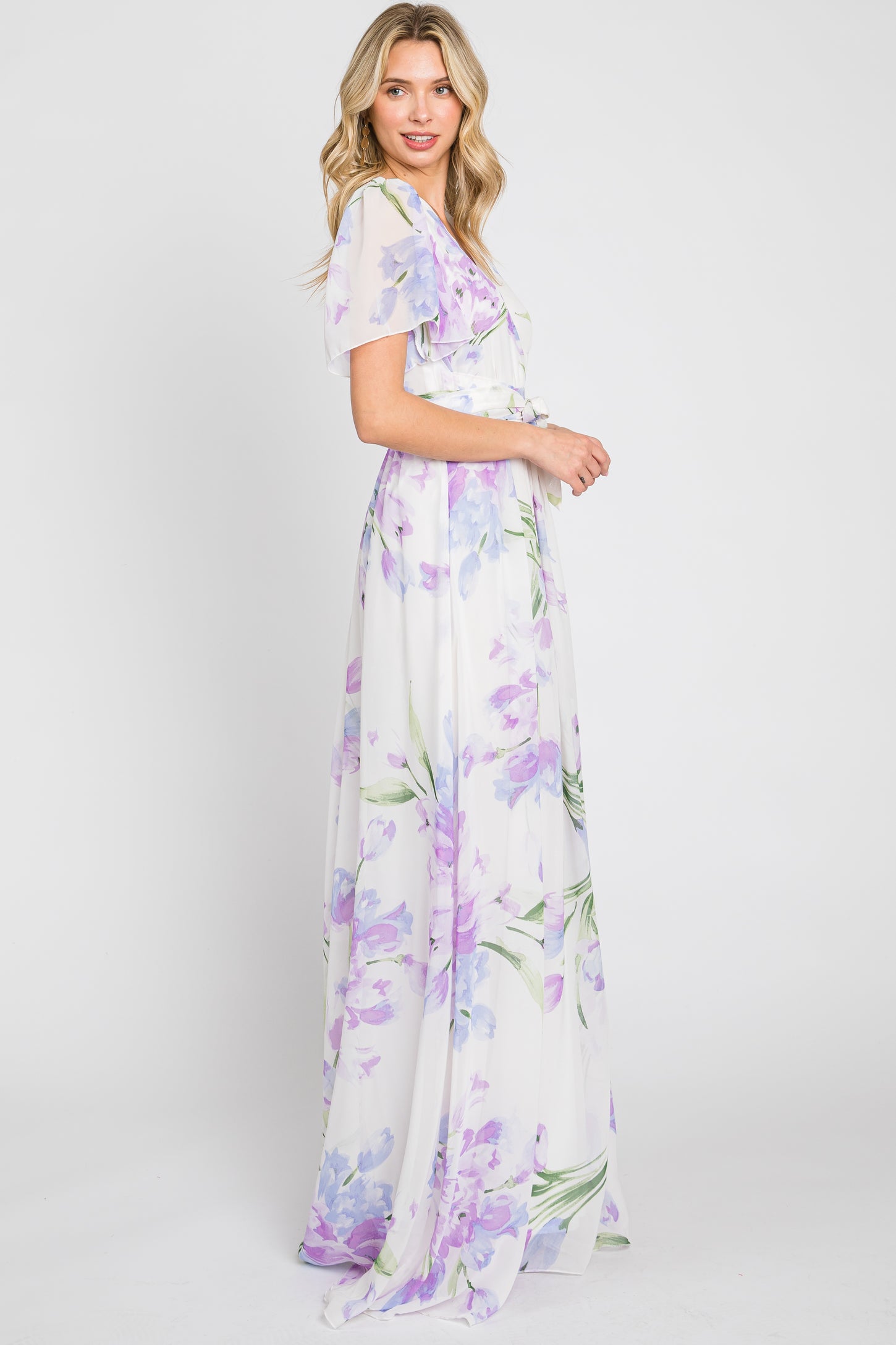 Lavender Tulip Floral Chiffon Wrap Front Short Sleeve Maxi Dress