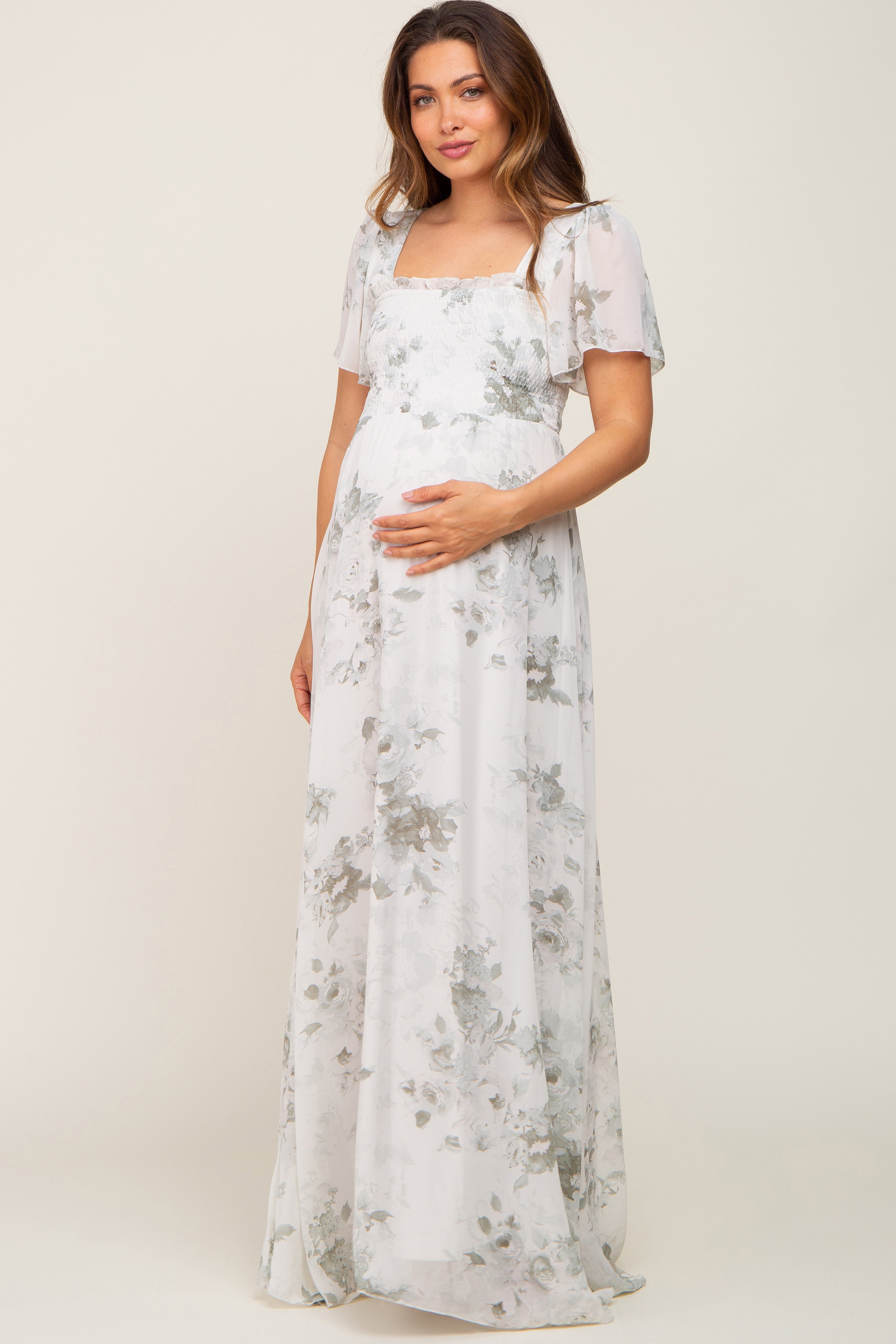Mint Green Floral Chiffon Square Neck Smocked Maternity Maxi Dress ...