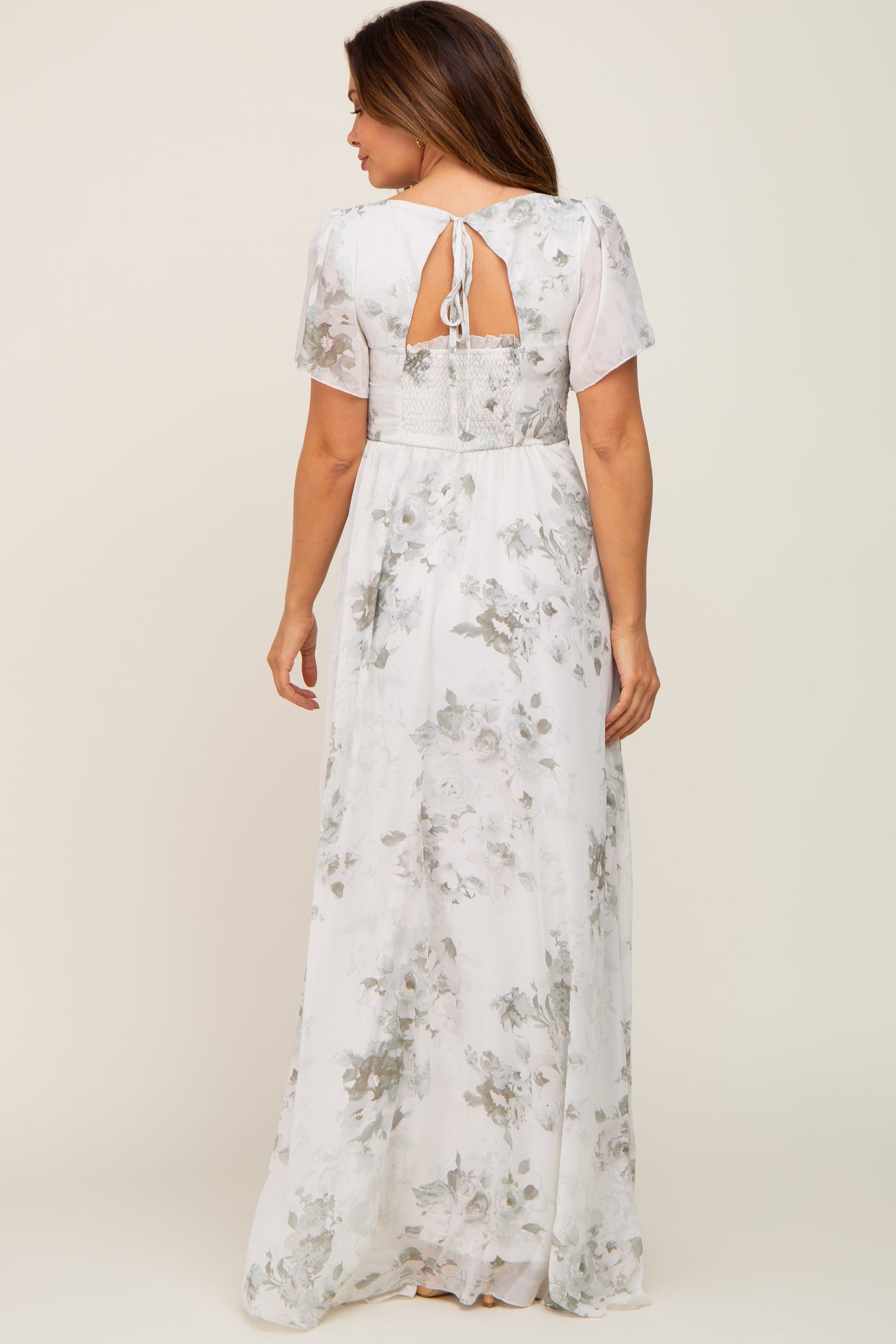 Mint Green Floral Chiffon Square Neck Smocked Maternity Maxi Dress ...