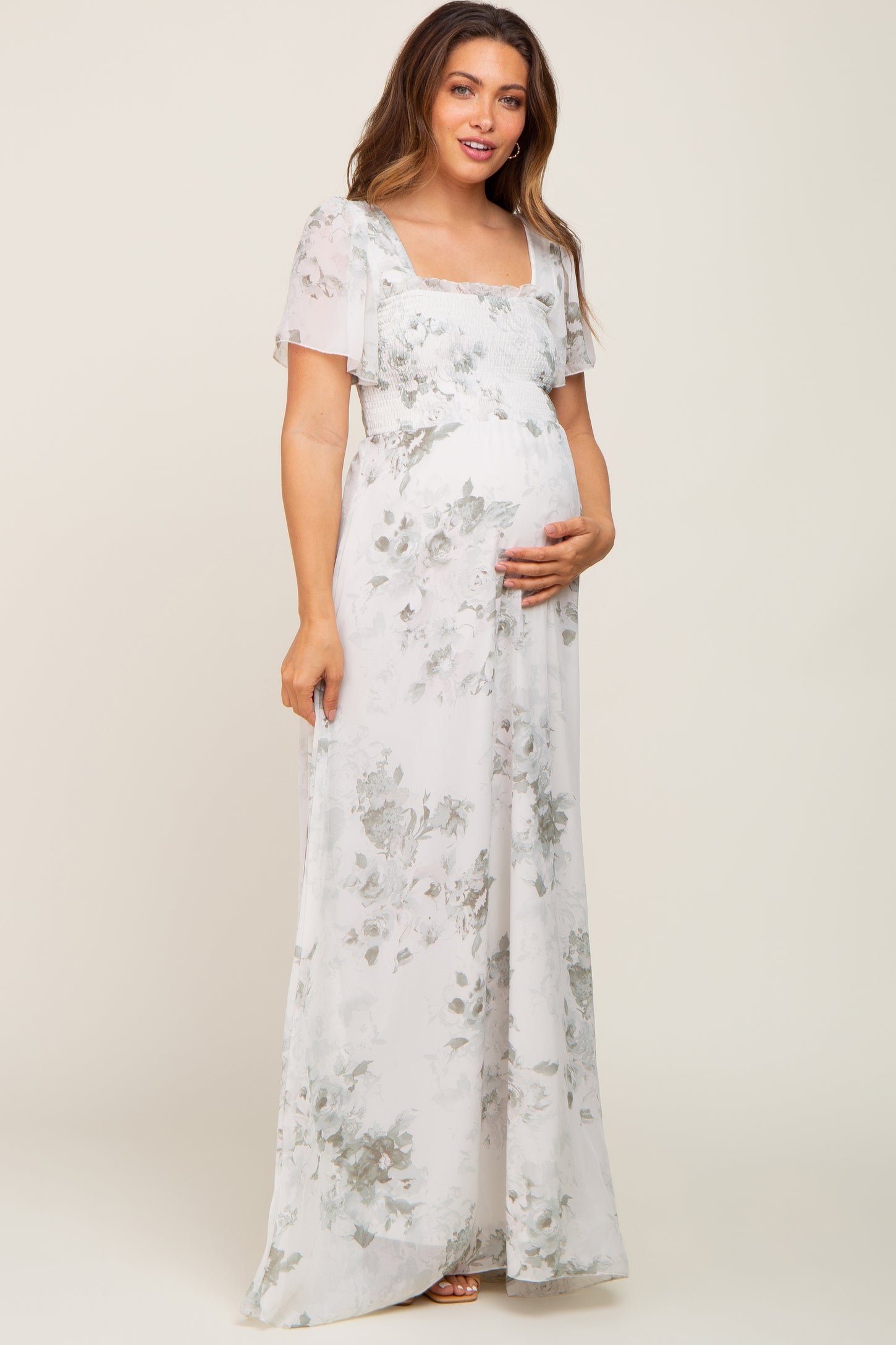 Mint Green Floral Chiffon Square Neck Smocked Maternity Maxi Dress ...