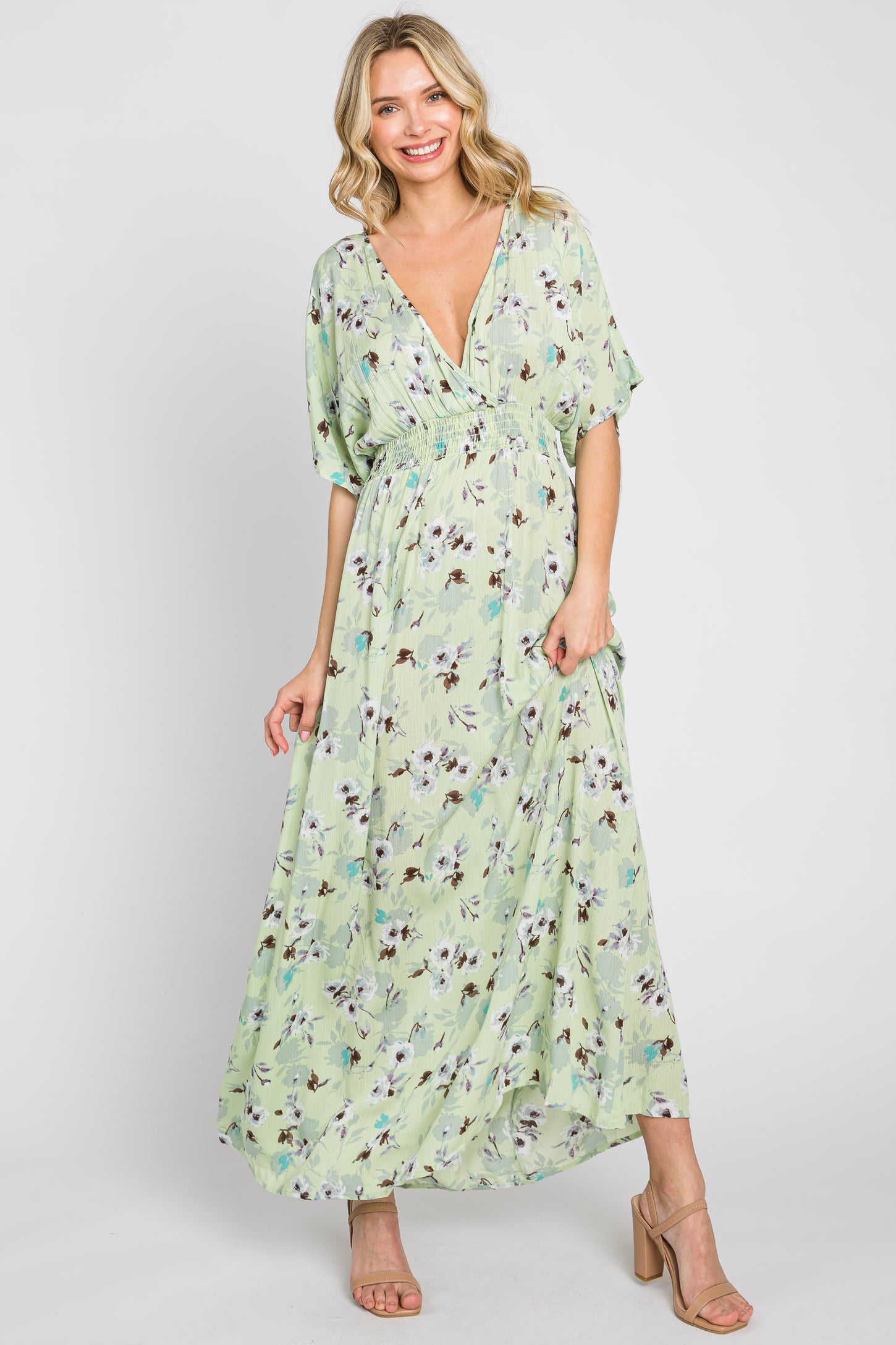 Lime Floral Wrap V-Neck Smocked Waist Maternity Maxi Dress PinkBlush Lime Floral Wrap V-Neck Smocked Waist Maternity Maxi Dress PinkBlush