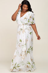 White Floral Chiffon Wrap Front Short Sleeve Plus Maxi Dress