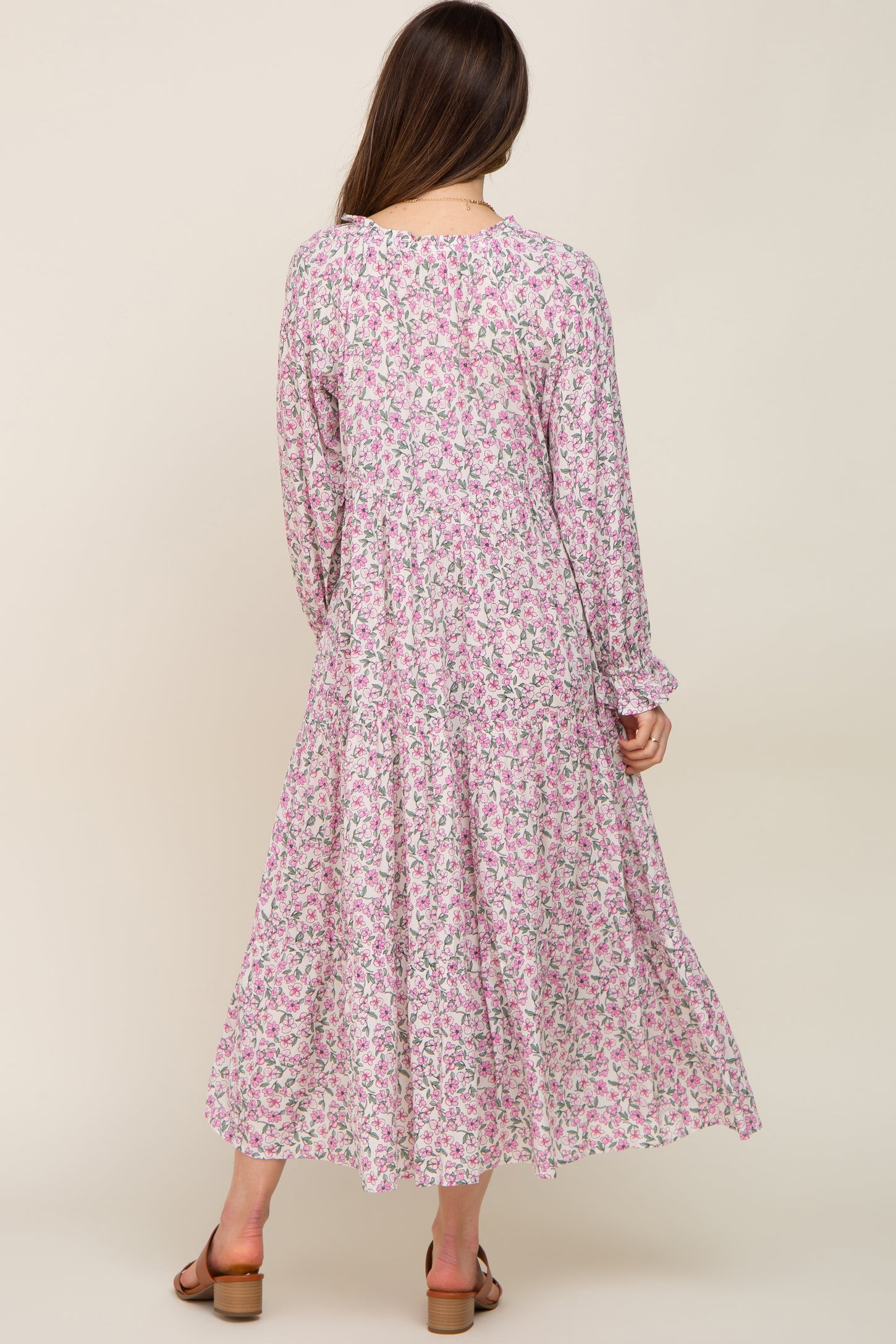Pink Floral Front Tie Long Sleeve Tiered Maternity Midi Dress