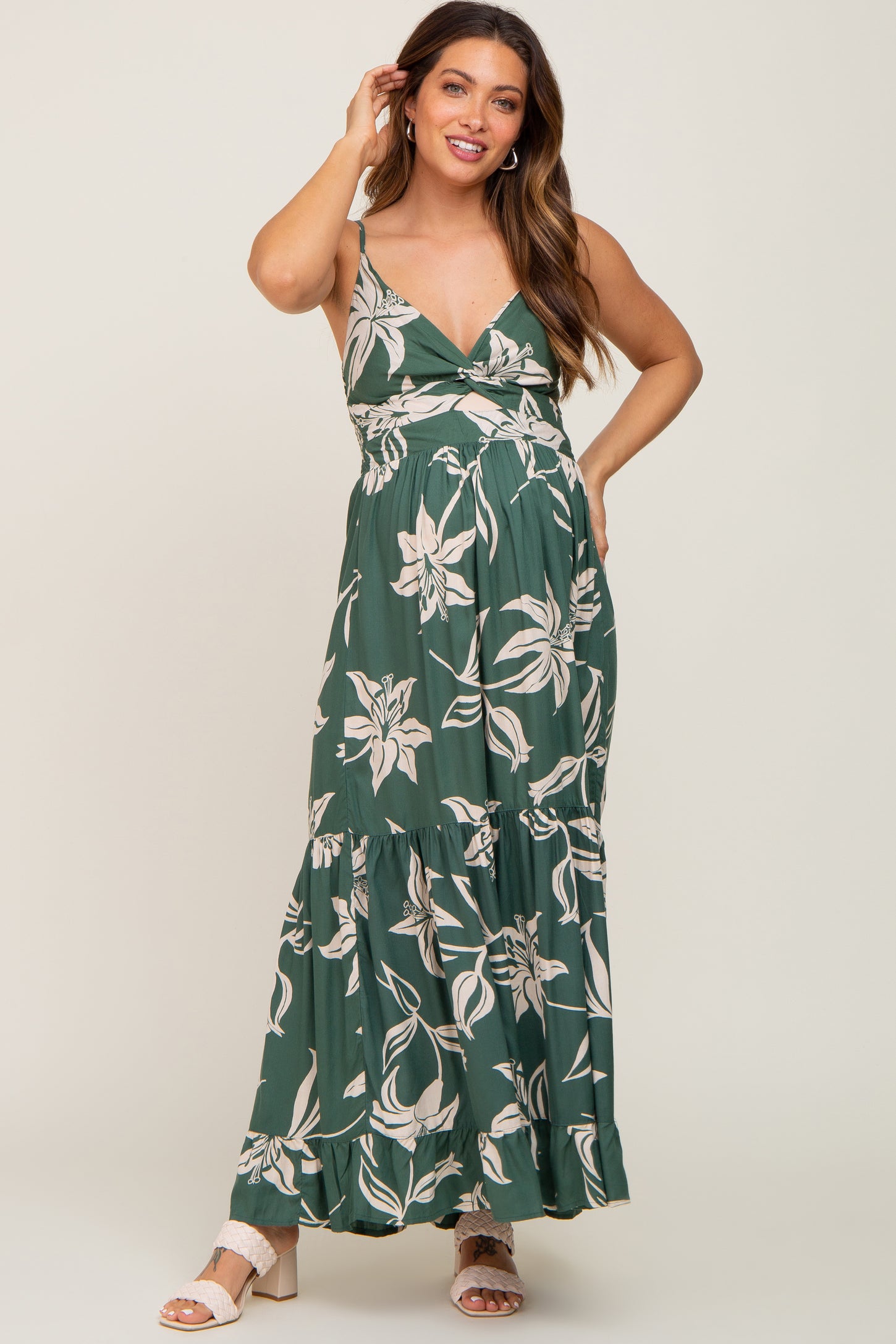 Forest Green Floral Front Twist Maternity Maxi Dress