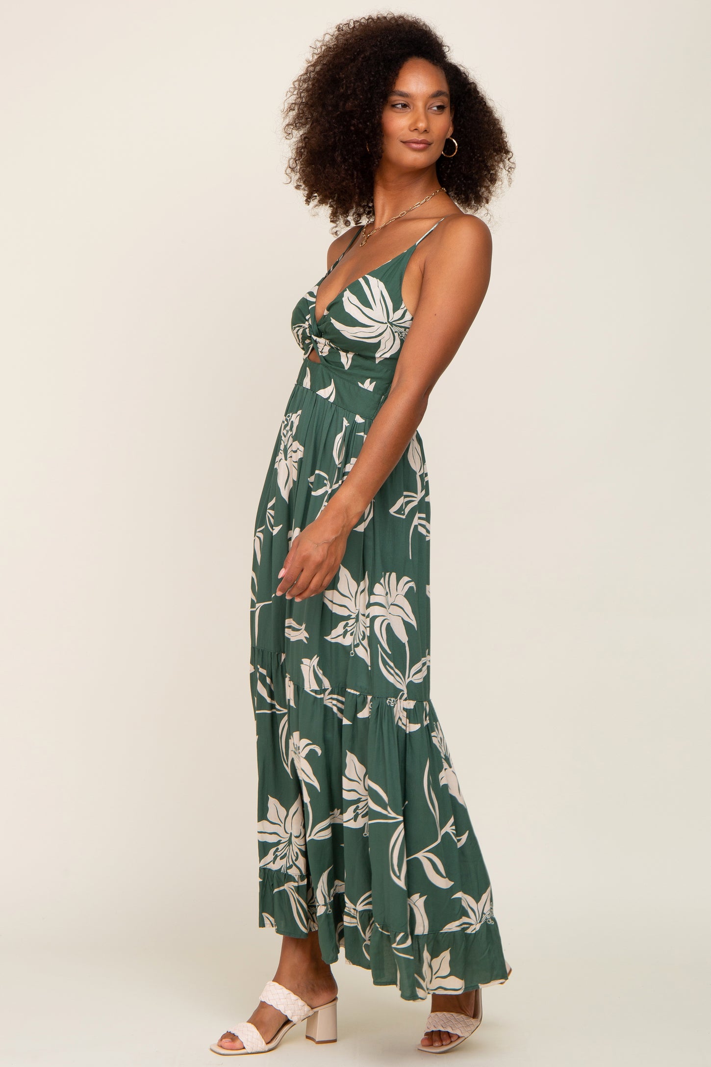 Forest Green Floral Front Twist Maxi Dress