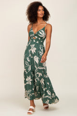 Forest Green Floral Front Twist Maxi Dress
