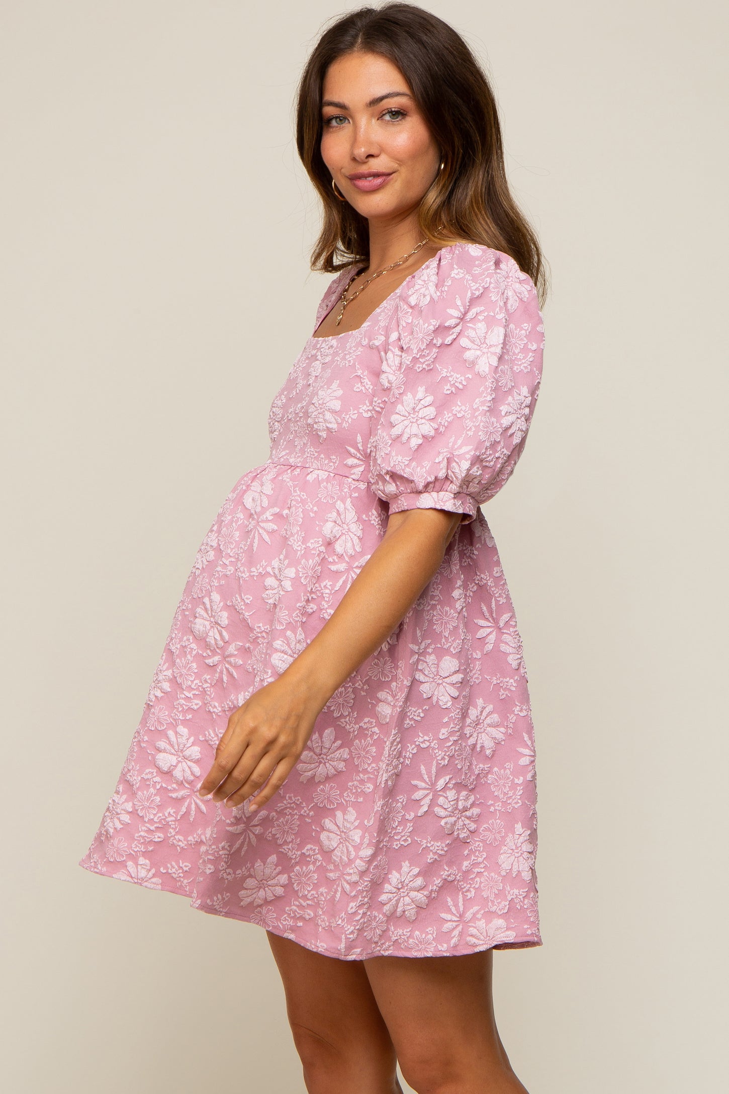 Pink Floral Textured Square Neck Maternity Babydoll Dress PinkBlush