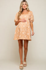 Peach Satin Floral Textured Square Neck Maternity Babydoll Dress