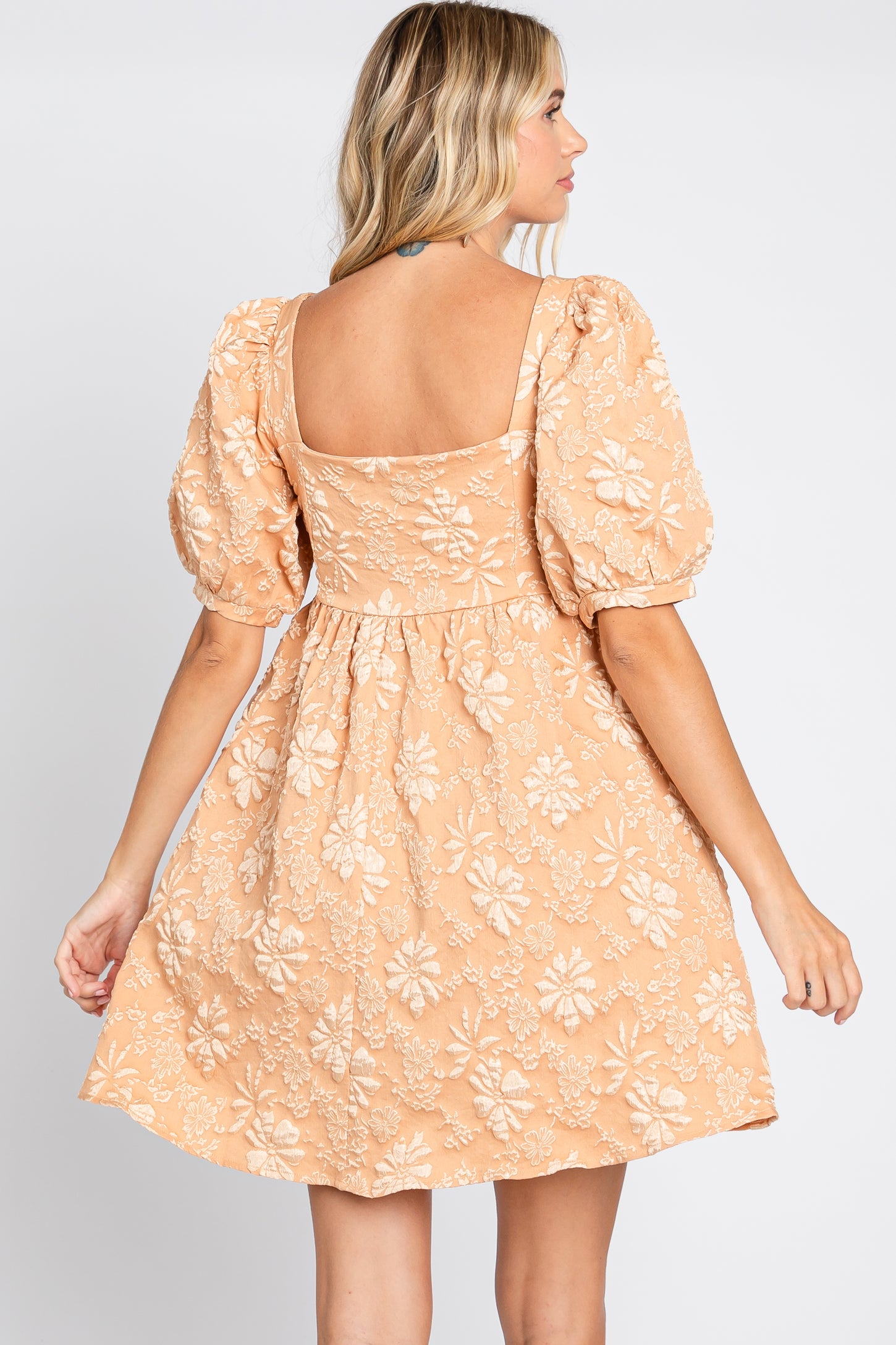 Peach Satin Floral Textured Square Neck Babydoll Dress