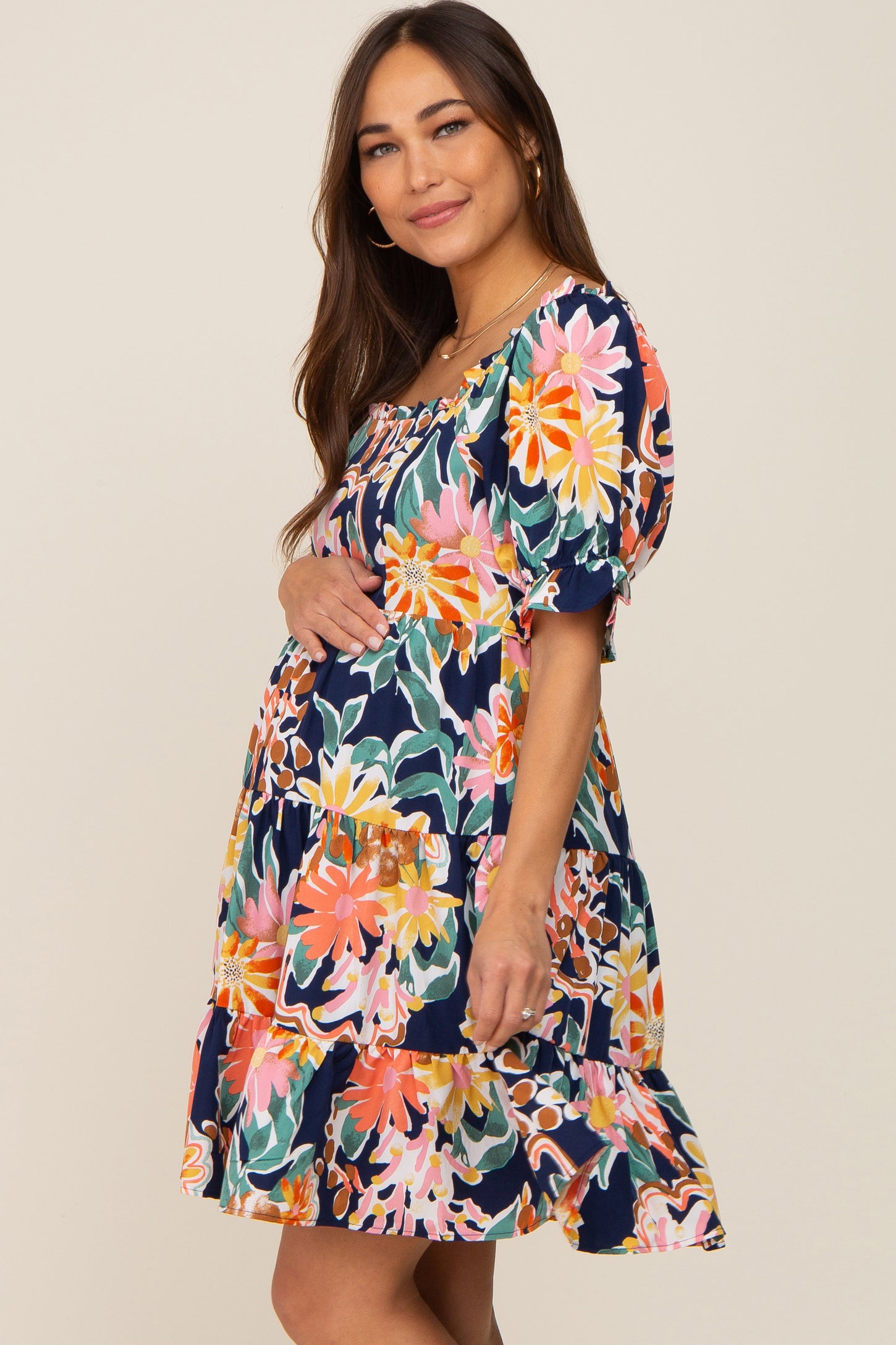 Navy Blue Floral Square Ruffle Neck Tiered Short Sleeve Maternity Dres ...