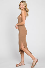 Mocha Ribbed Cutout Shoulder Side Slit Midi Dress