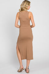 Mocha Ribbed Cutout Shoulder Side Slit Midi Dress