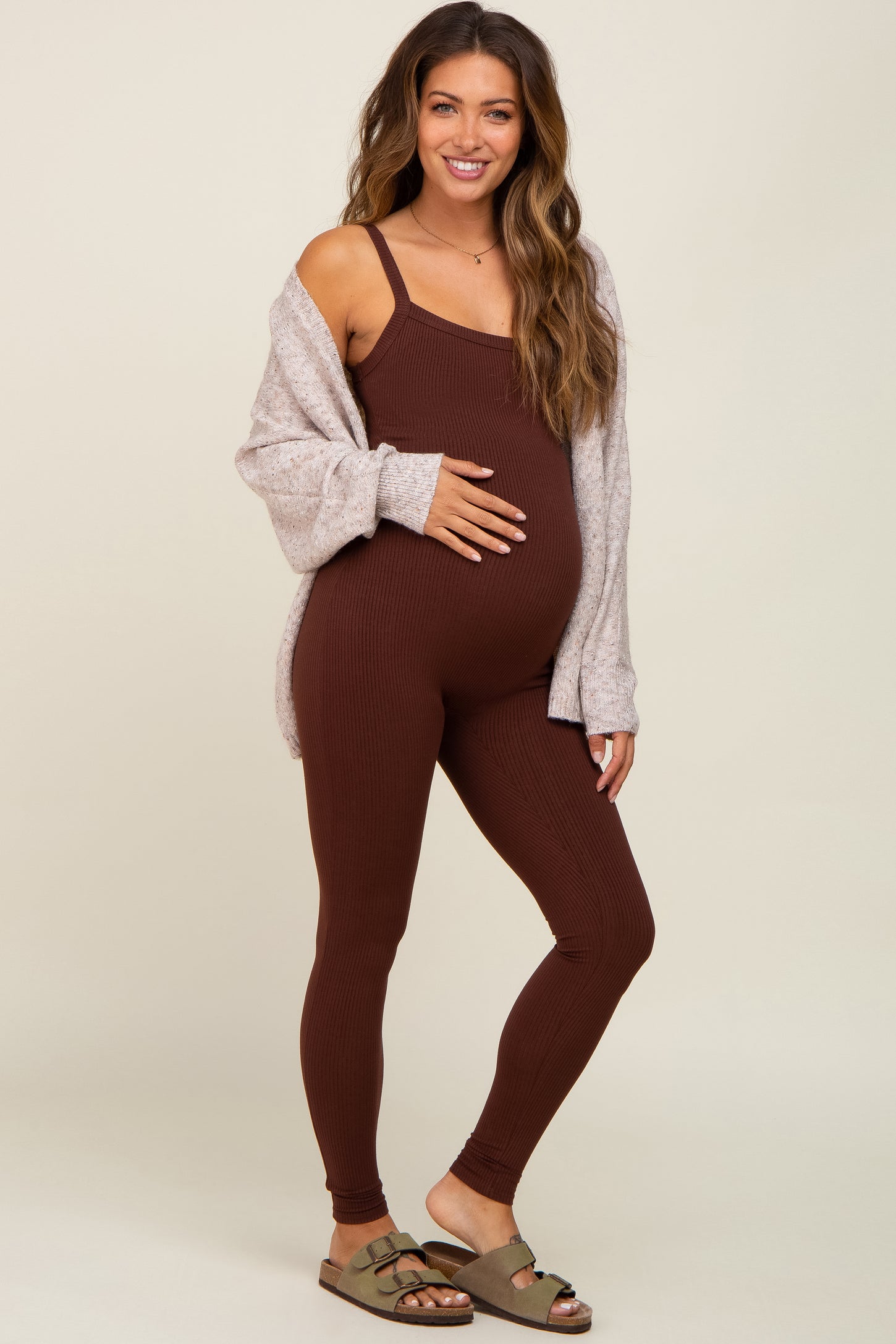Brown Ribbed Sleeveless Maternity Jumpsuit– PinkBlush