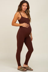 Brown Ribbed Sleeveless Maternity Jumpsuit