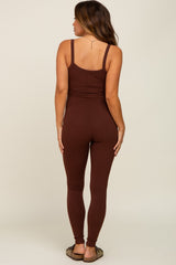 Brown Ribbed Sleeveless Maternity Jumpsuit