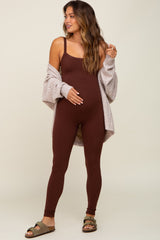 Brown Ribbed Sleeveless Maternity Jumpsuit