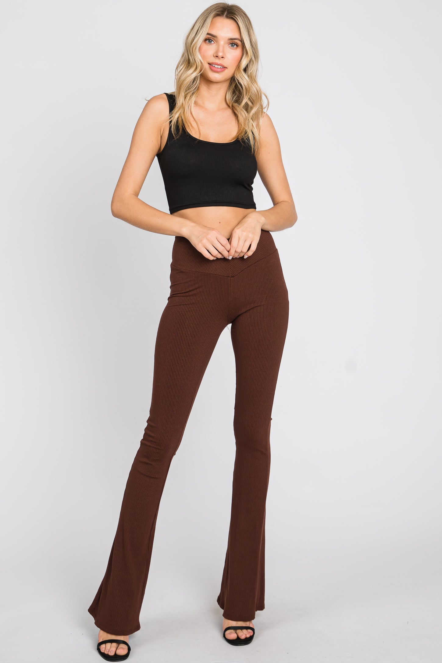 Brown Ribbed Flared Leggings– PinkBlush