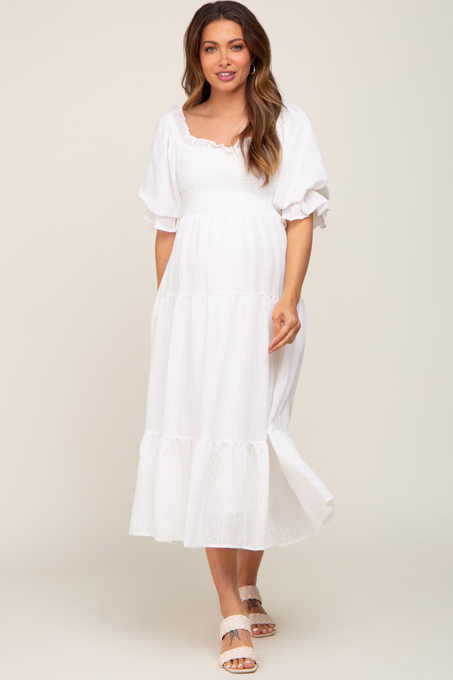 White Smocked Puff Sleeve Maternity Midi Dress PinkBlush White Smocked Puff Sleeve Maternity Midi Dress PinkBlush