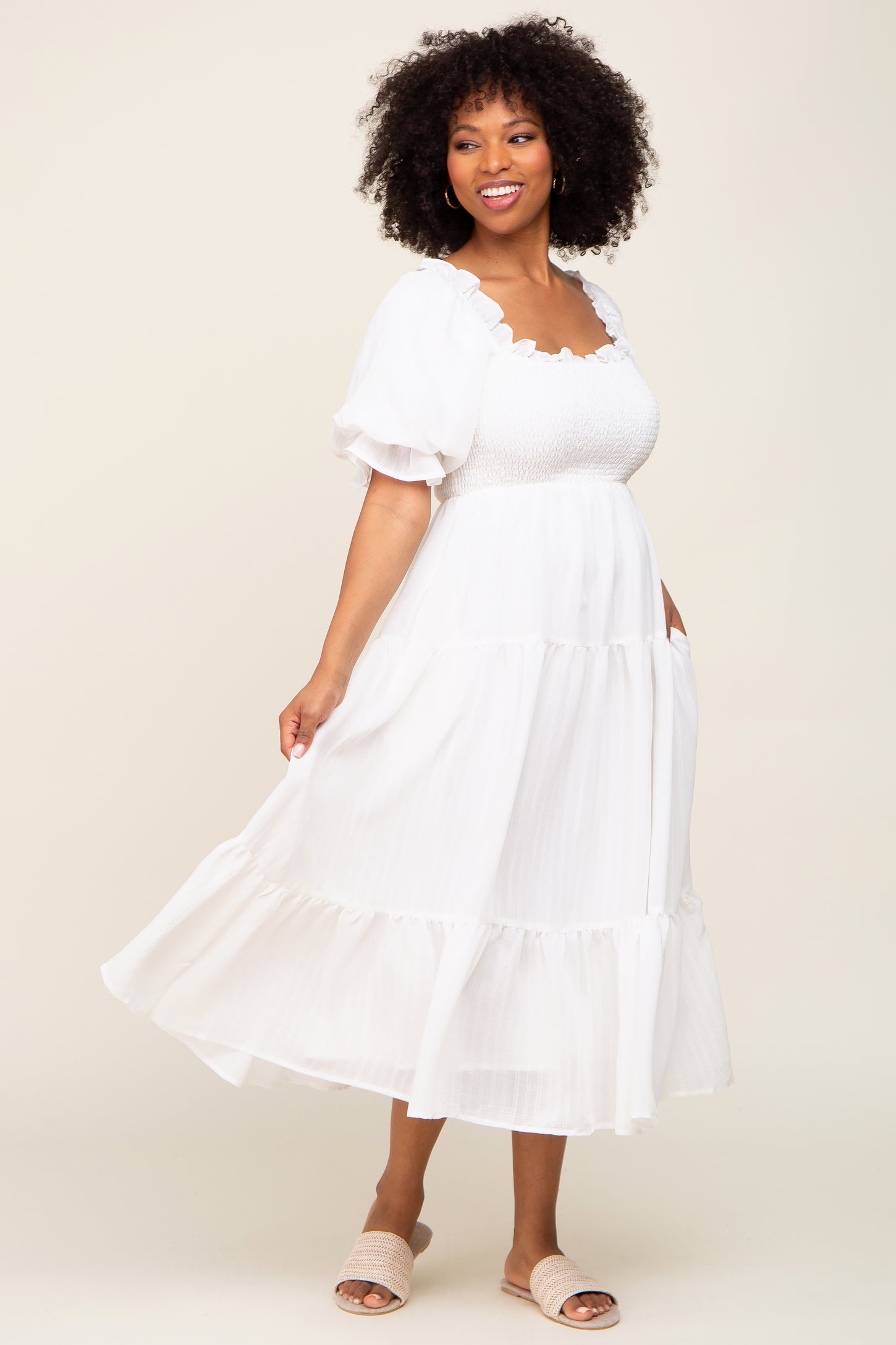 White Smocked Puff Sleeve Maternity Midi Dress PinkBlush White Smocked Puff Sleeve Maternity Midi Dress PinkBlush