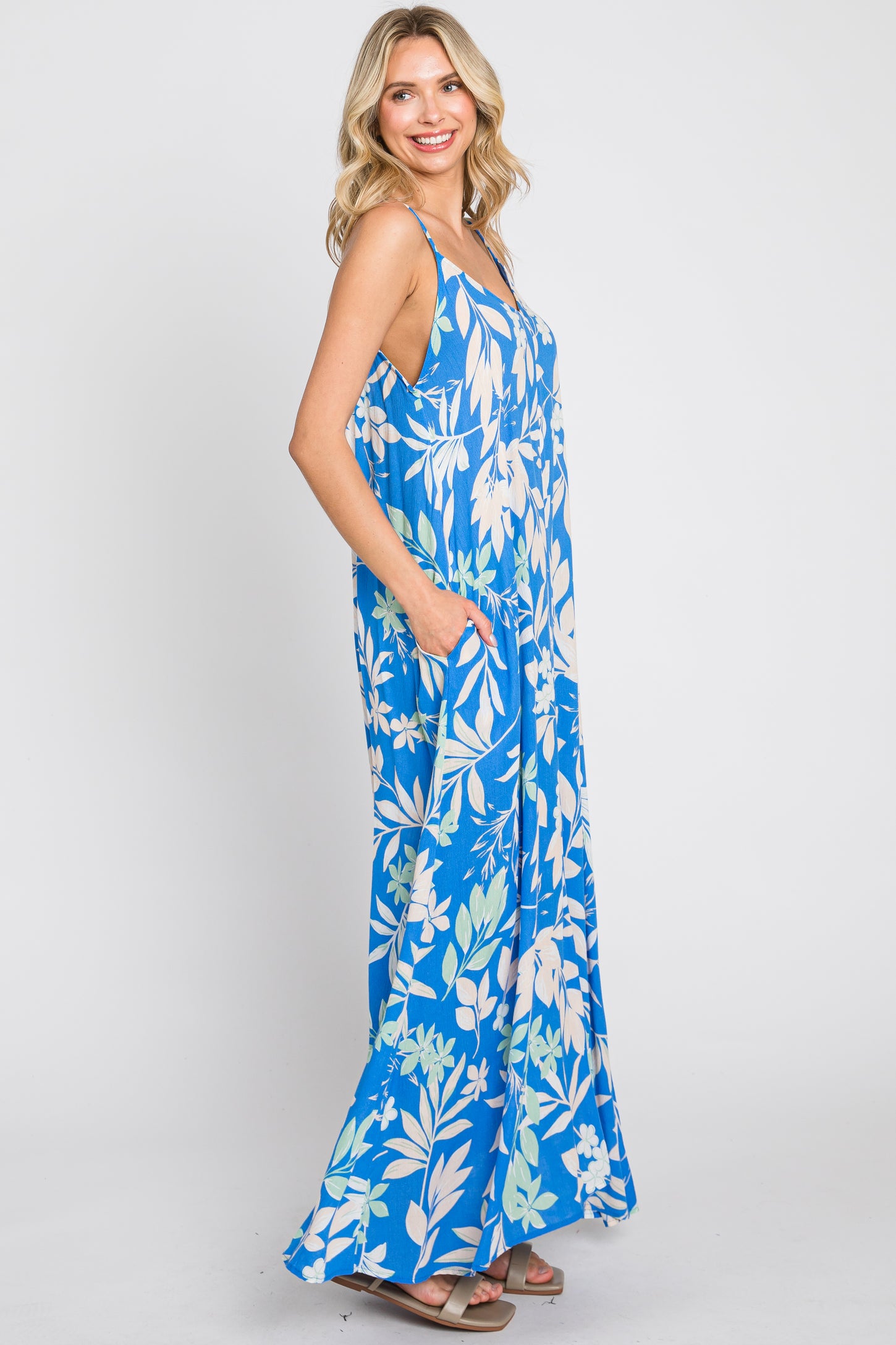 Blue Floral V-Neck Maxi Dress