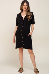 Black Button Accent Short Sleeve Maternity Dress